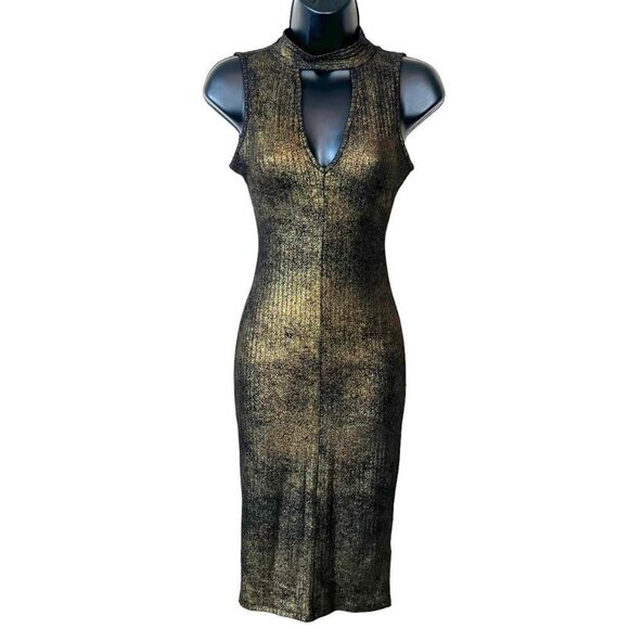 BEBE Black Crackled Gold Metallic Knit Sleeveless High Neck Bodycon Dress - Picture 1 of 13